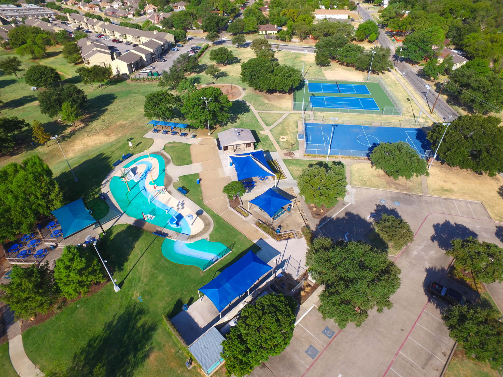 Low-altitude drone photo of a water park north of Dallas, Texas